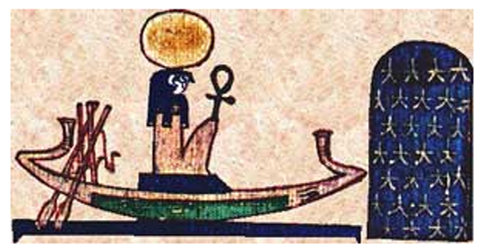 The Egytian Sun God Ra riding one of his solar chariots across the sky